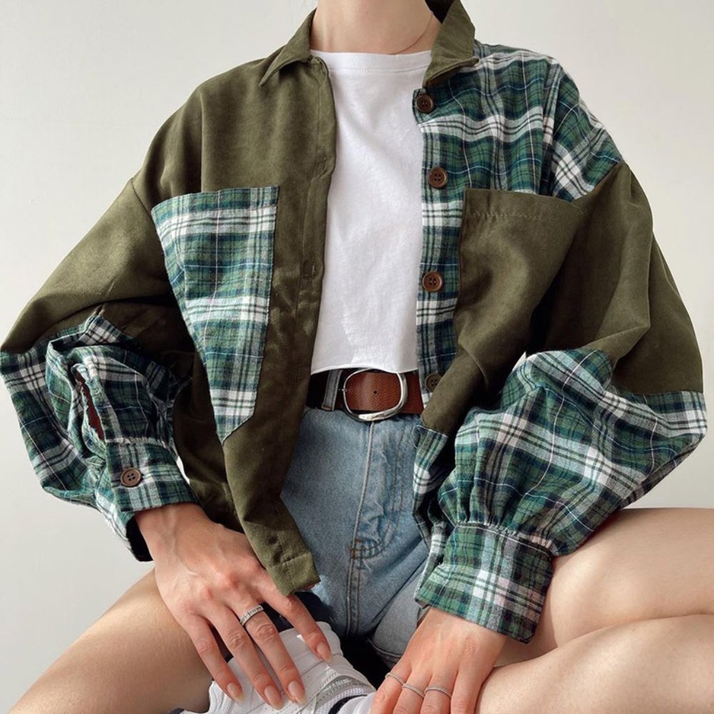 Contrasting Color Plaid Loose Long-sleeved Shirt